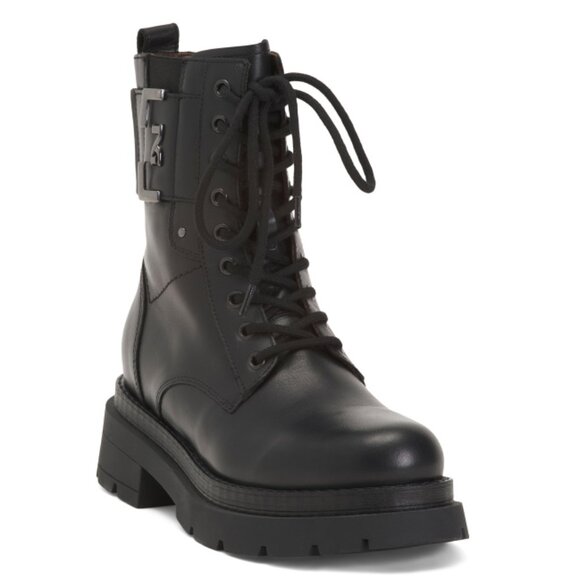NEROGIARDINI Black Made In Italy Leather Logo Plate Lace Up Booties - Picture 1 of 2